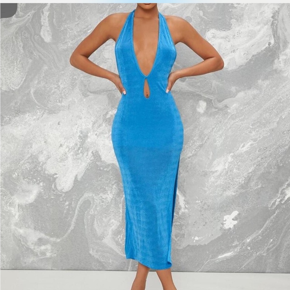 Plunging Halter Cutout Slit Maxi Bodycon Dress